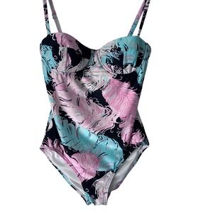 Kate Spade‎ New York Dive Right In Pink Teal Feather Underwire Swimsuit Sm READ